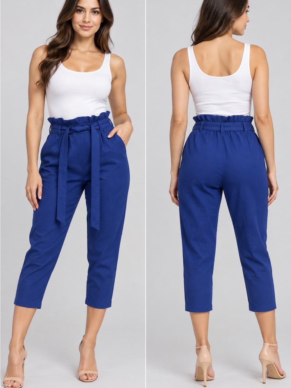 High-Rise Paperbag Cropped Pants with Self-Tie Belt - Blue